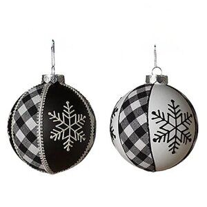 Black White Plaid Snowflake Ball Large Glitter Glass Ornament 4" Set 2